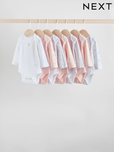 Pink 7 Pack Long Sleeve Baby Bodysuit (H63236) | £16 - £18