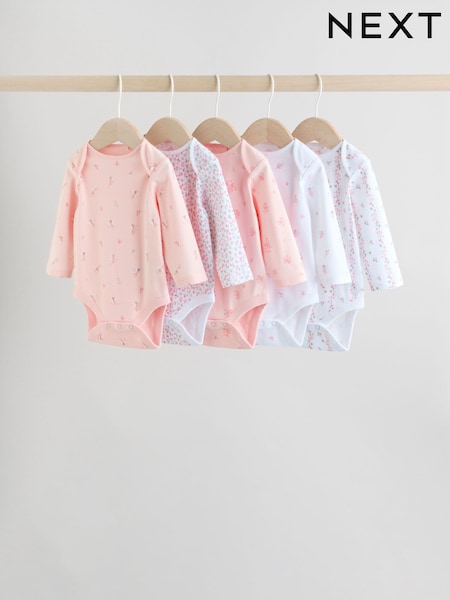 Pink 5 Pack Long Sleeve Baby Bodysuit (H63237) | £12 - £14