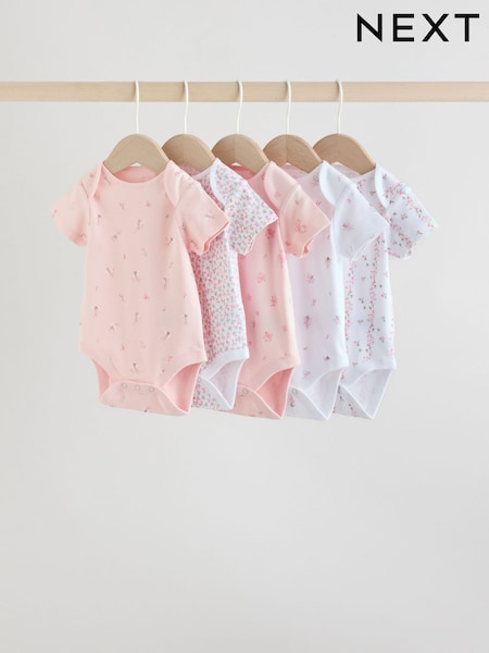 Pink 5 Pack Short Sleeve Baby Bodysuit (H63241) | £11 - £13