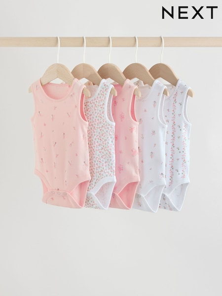 White/Pink 5 Pack Vest Baby Bodysuits (H63246) | £11 - £13