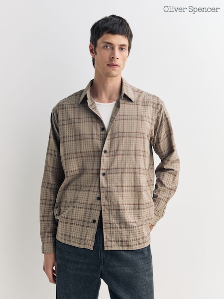 Oliver Spencer Brown Garrison Long Sleeve Check Seersucker Shirt (H63293) | £170