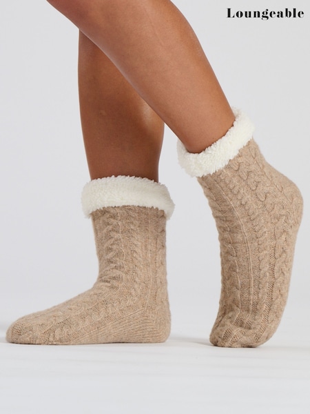 Loungeable Brown Cable Knit Chenille Socks (H63316) | £12