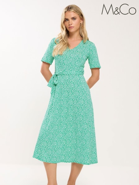 M&Co Green Petite Ditsy Tie Waist Midi Dress (H63366) | £39