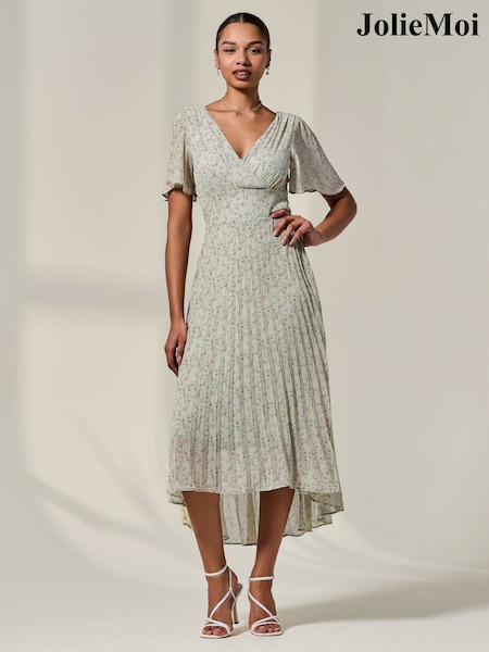 Jolie Moi Green Floral Print Pleated Dip Hem Maxi Dress (H63448) | £60