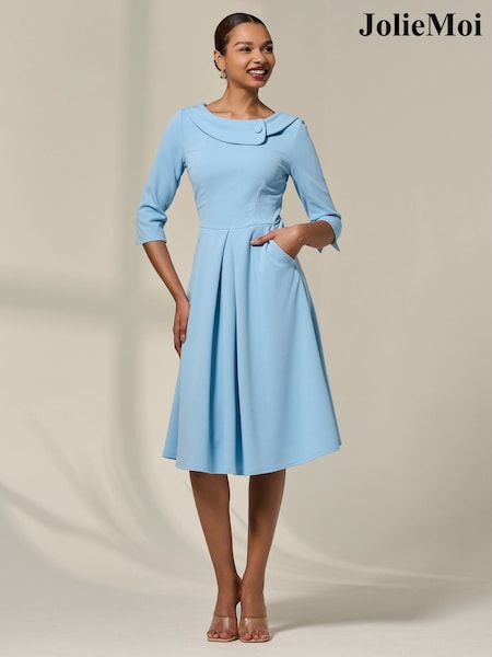 Jolie Moi Light Blue Sloan 3/4 Sleeve Midi Dress (H63453) | £75