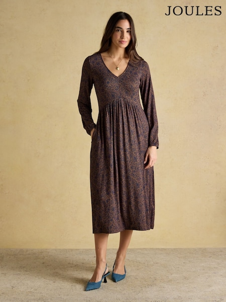 Joules Nia Brown Floral V-neck Long Sleeve Midaxi Dress (H63461) | £45