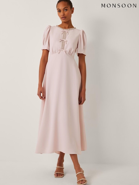 Monsoon Pink Bonnie Bow Puff Sleeve Midi Dress (H63485) | £150