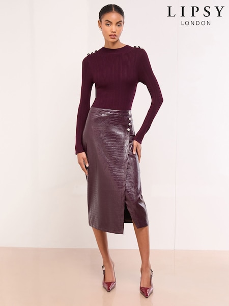 Lipsy Burgundy Red Petite Faux Leather 2-In-1 Crew Neck Long Sleeve Knitted Midi Dress (H63517) | £66