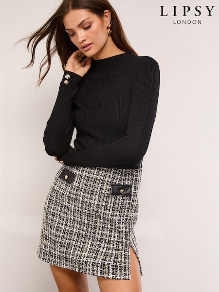 Lipsy Black Boucle Check Petite 2-In-1 Crew Neck Long Sleeve Knitted Mini Dress (H63527) | £65