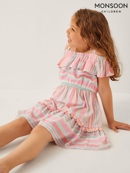 Monsoon Pink Stripe Woven Ruffle Dress (H63598) | £25 - £29