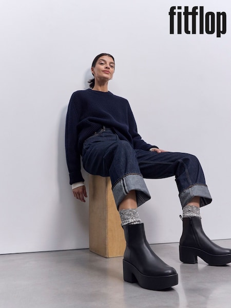 FitFlop Platforms Leather Heeled Ankle Black Boots (H63728) | £160