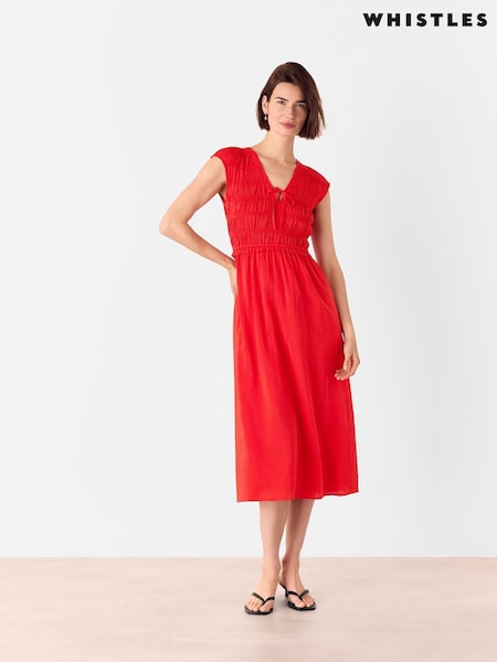 Whistles Red Shirred Bodice V-Neck Dress (H63846) | £159