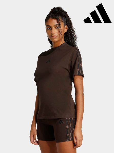 adidas Brown All Over Pront 3-Stripe T-Shirt (H64048) | £28