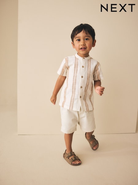 Ecru/Brown Short Sleeve Grandad Collar Textured Stripe Shirt (3mths-7yrs) (H64282) | £13 - £15