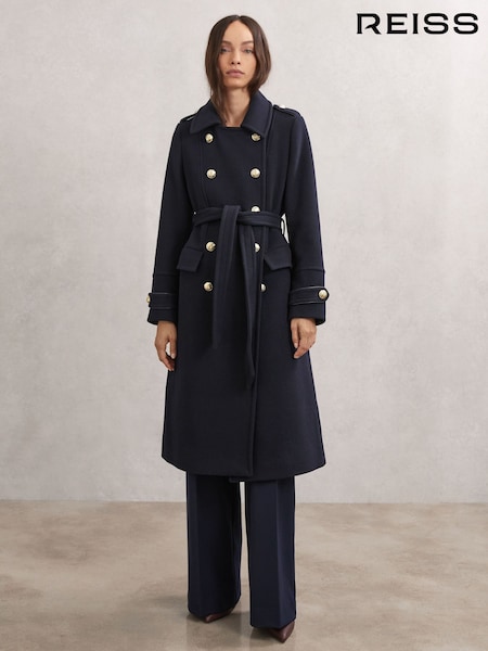 Reiss Navy Farley Petite Wool-Blend Double-Breasted Coat (H64303) | £428