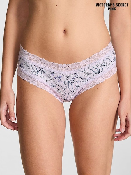 Victoria's Secret PINK Purple Bow Print Cheeky Lace Trim Rib Knickers (H64787) | £10