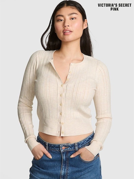 Victoria's Secret PINK Natural Heather White Ribbed Cardigan (H64899) | £49