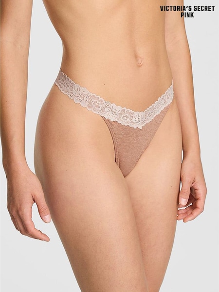 Victoria's Secret PINK Praline Nude Thong Cotton Heather Lace Trim Knickers (H64907) | £9