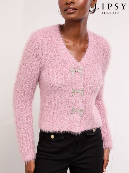 Lipsy Pink V-Neck Textured Tinsel Embellished Bow Buttoned Knit Cardigan (H65031) | £48