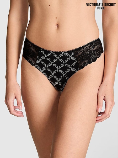 Victoria's Secret PINK Black Logo Jaquard Thong No Show Lace Trim Knickers (H65049) | £10