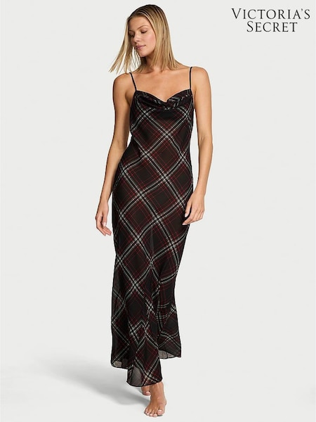 Victoria's Secret Black Chiffon Tartan Draped Maxi Slip Dress (H65220) | £85