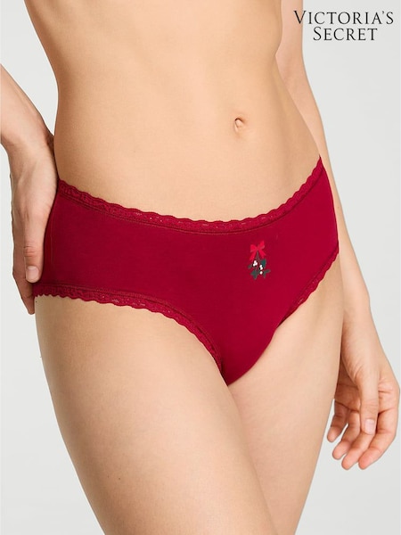 Victoria's Secret Red Christmas Mistletoe Cheeky Cotton Lace Trim Knickers (H65366) | £10