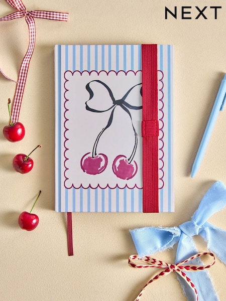 Cream/Blue Stripe Cherry Bow A5 Lined Notebook (H65944) | £7