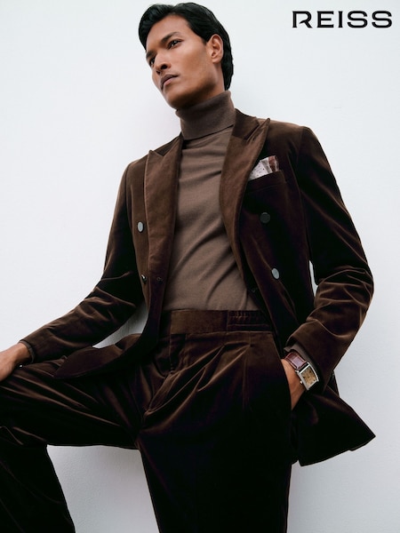 Reiss Chocolate Brown Royale Double-Breasted Velvet Blazer Tailored-Fit (H65959) | £348