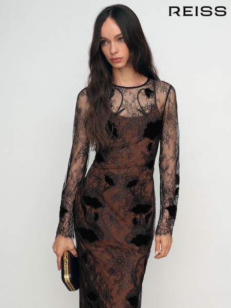 Reiss Black Lulu Petite Lace Overlay Midi Dress (H65969) | £330