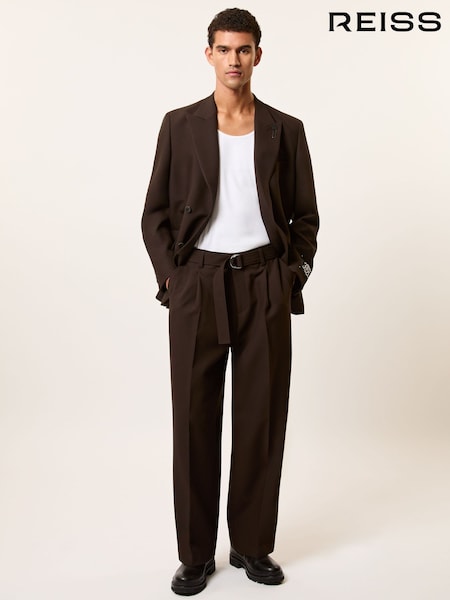 Reiss Brown Atwell Monogram Relaxed-Fit Belted Trousers (H65981) | £148