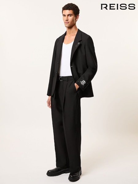 Reiss Black Atwell Monogram Relaxed-Fit Belted Trousers (H65983) | £148