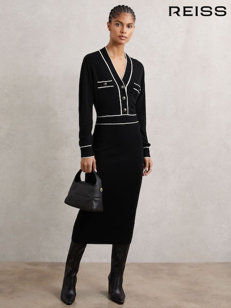 Reiss Black/Ivory Lorrie Wool-Blend Tipped Dress With Cashmere (H65995) | £198