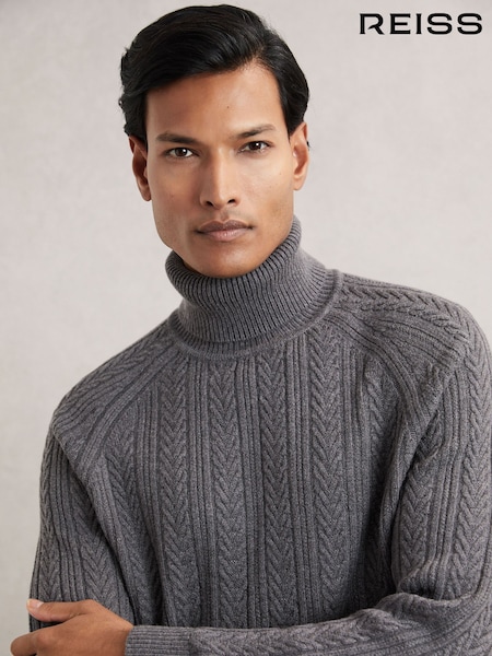 Reiss Mid Grey Melange Dartford Cable-Knit Roll-Neck Jumper With Wool (H65996) | £130