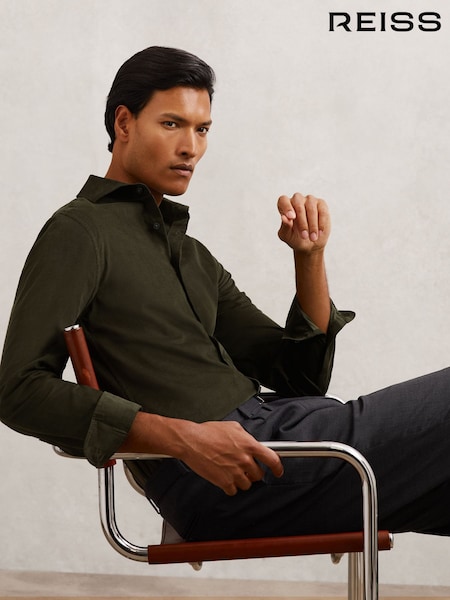 Reiss Dark Green Velma Cotton Corduroy Cutaway-Collar Shirt (H66017) | £118