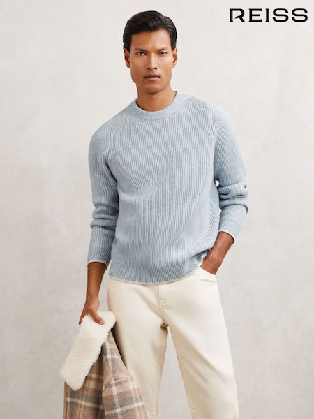 Reiss Soft Blue Crammond Brushed Rib-Knit Crew-Neck Jumper with Wool (H66018) | £130