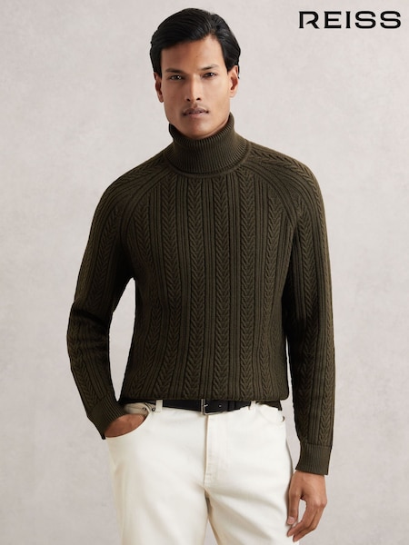 Reiss Dark Olive Green Dartford Cable-Knit Roll-Neck Jumper With Wool (H66021) | £130