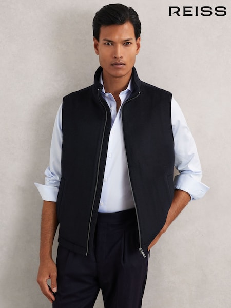 Reiss Navy Hewitt Wool-Blend Funnel-Neck Gilet (H66145) | £248