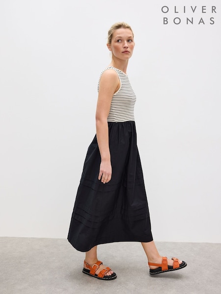 Oliver Bonas Black Monochrome Striped Sleeveless Midi Dress (H66319) | £75