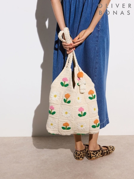 Oliver Bonas Natural Flower Power Cotton Crochet Tote Bag (H66321) | £38