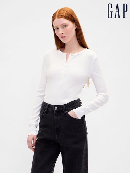 Gap White Modern Rib Long Sleeve Henley T-Shirt (H66522) | £30