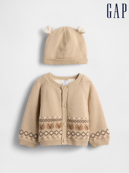 Gap Beige Sherpa-Lined Bear Cardigan Sweatshirt Set (0-24Mths) (0-24mths) (H66535) | £40