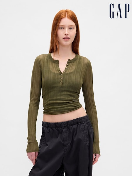 Gap Green Long Sleeve Sheer Rib Henley Top (H66653) | £45