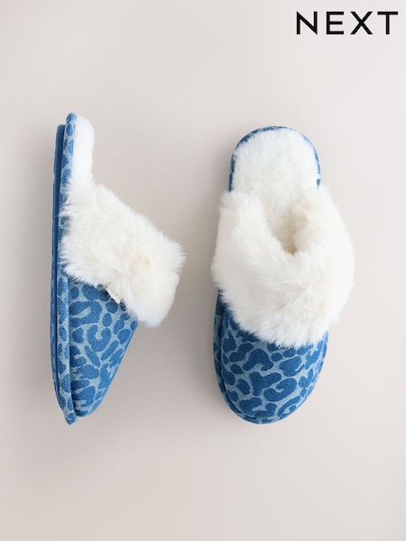 Blue Denim Leopard Faux Fur Denim Mules (H66692) | £16