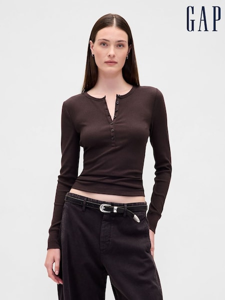 Gap Brown Modern Rib Long Sleeve Henley T-Shirt (H66766) | £30