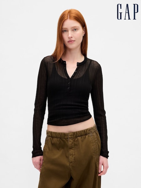 Gap Black Long Sleeve Sheer Rib Henley Top (H66795) | £45