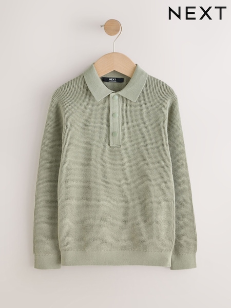 Sage Green Long Sleeve Textured Polo Shirt (3-16yrs) (H66848) | £16 - £21
