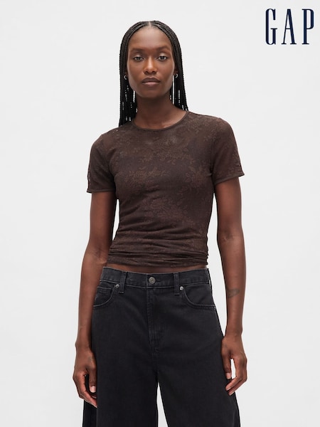 Gap Brown Floral Lace Mesh Top (H66886) | £25