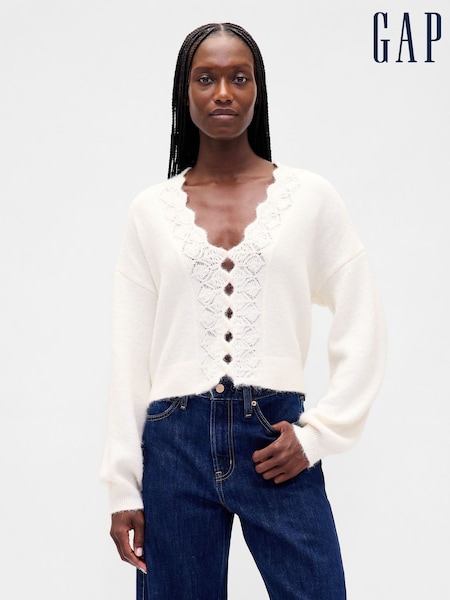 Cream Fuzzy Pointelle Scalloped Crop Cardigan (H66923) | £45