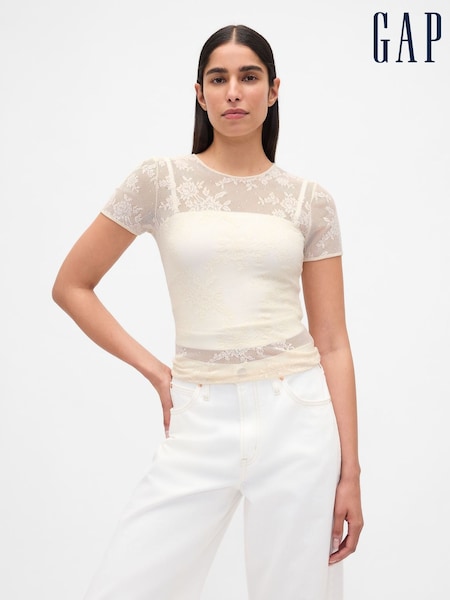 Gap Cream Floral Lace Mesh Top (H66938) | £25