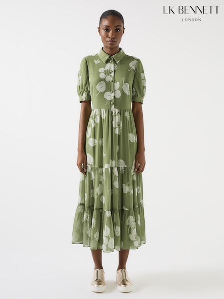 LK Bennett Green Relaxed Rumi Pine Grove & Birch Pindot Tiered Dress (H66992) | £299